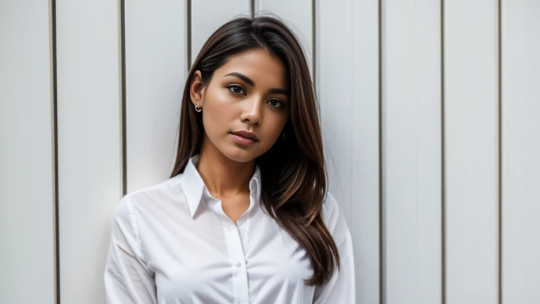 A woman in a white shirt is leaning against a striped wall.