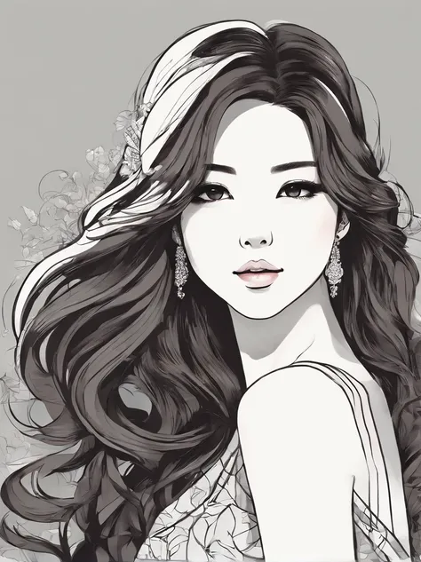 A sketch of a japanese girl, dark brown hair, wearing one shoulder black dress, one shoulder on the left shoulder, attending a modern style wedding, with wavy long hair side swept and parted on the right, small earrings, and makeup