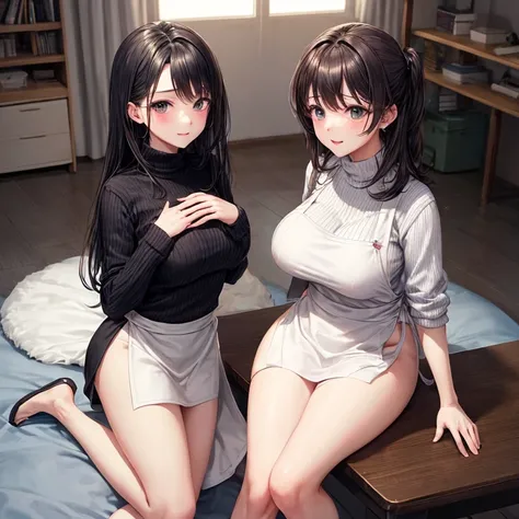 adult woman、Intelligent sister、turtleneck、No sleeve、Apron appearance、black separate hair、straight hair、long legs、thin thighs、big breasts、big breasts、inside the room、blush、lure