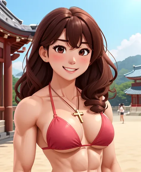 attractive korean woman, ripped muscle, muscular body, small breast, pale skin, smile(blush), bikini, cross necklace, sixpack abs, [ultra detailed skin:1.2], brown hair, wavy hair, 8k uhd, pussy, full body, crowd, public, temple, standing,