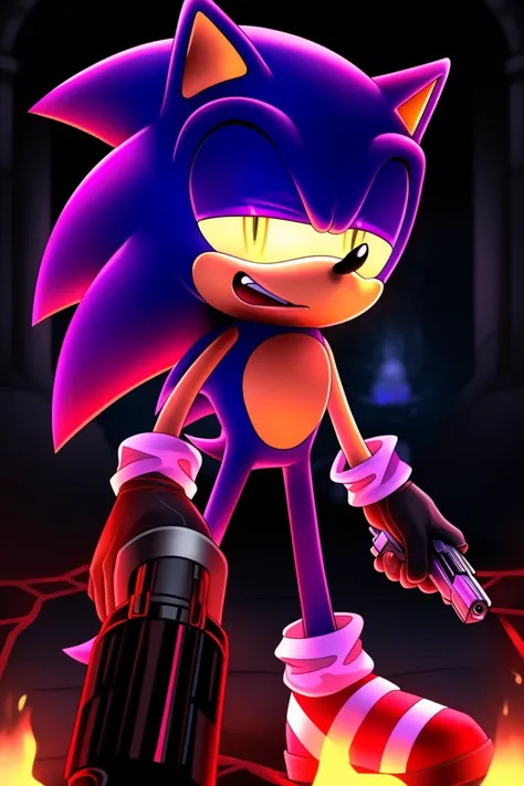 Sonic the hedgehog, corruption, Dying state, impatient, holding a gun in one hand,