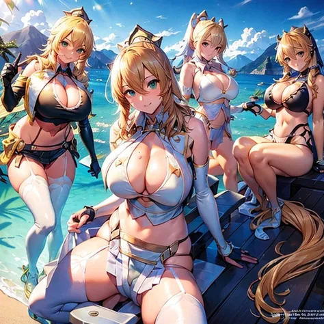 Three beautiful fair-skinned women in bikinis pose for a group photo on the beach, seductive anime girls, beautiful and seductive anime woman, Guviz-style artwork, Perfect silver haired girl, Guviz, Beautiful anime girl, ross tran. scenery background, in b...