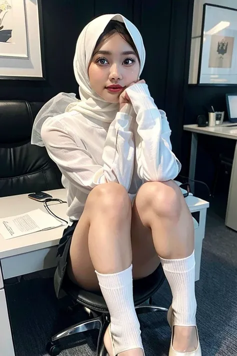 malay girl in hijab, (Elite secretary of light underwear high society), sit on chair，working in an office、 (Wear pantyhose)、(white hijab)、Crossed legs, Wear high-end heels、 (thighhighs and skirt), Shirt secretary, merchant,  Wear a shirt and skirt, Busines...