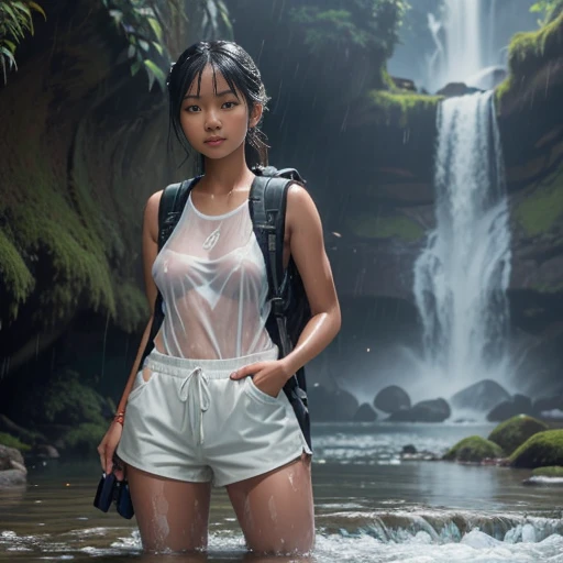 super detailed, very realistic image of a beautiful 20 year old Indonesian girl wearing a white singlet soaked in water in a river, carrying a backpack, brown tactical shorts, boots, headphome around the neck, holding a digital camera, waterfall background...