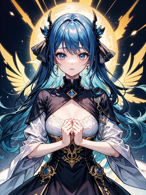 （（（masterpiece、Highest image quality、highest quality、highly detailed unity 8ｋwallpaper）））、（（Illustration of one girl、upper body））、（（（beautiful girl）））、（librarian）、blue hair、（stocky build, thickset physique：1.3, broad shoulders, solid chest）、（（（flat chest））...