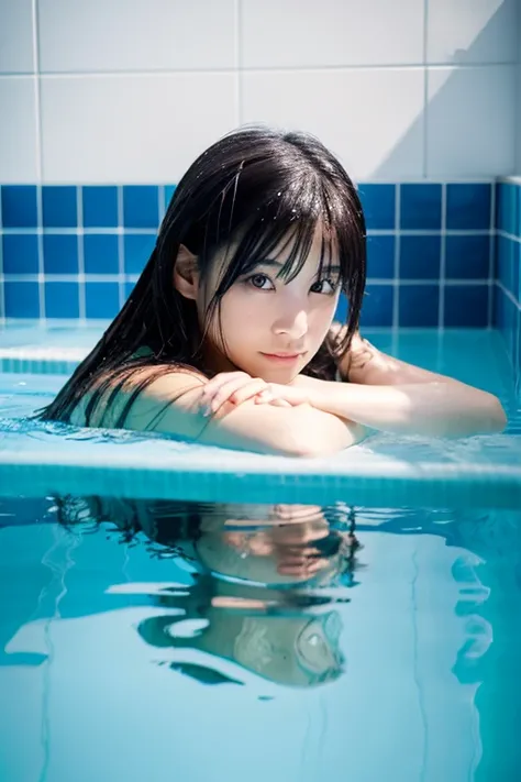 photo of an Asian girl in pool, sitting the corner, wet hair, dark hair, beautiful eyes, photorealistic, summervacation