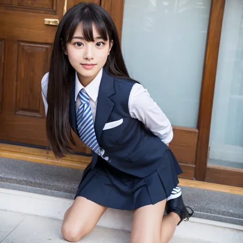 high resolution,perfect girl,whole body,spread legs,Spread your legs apart,legs spread in skirt,Uniform ribbons,cute japanese girl,young face,innocent face,whole body