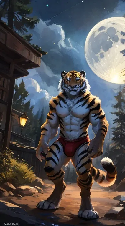 Tiger male, full body covered in fluffy fur, , big muscular chest, volumetric abs, day, , detailed, uploaded to e621, beautiful and detailed portrait of an anthropomorphic white tiger (((male))) kenket, ross tran, ruan jia, uploaded to e621, zaush, foxovh,...