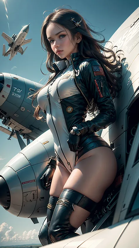 (highres:1.2),longhaired pilot girl,confidently flying a military jet,sharp focus,realistic,detailed cockpit,aviator sunglasses,wind-swept hair,leather flight suit,flight helmet,concentrated expression,powerful engine noise,intense acceleration,vivid blue ...