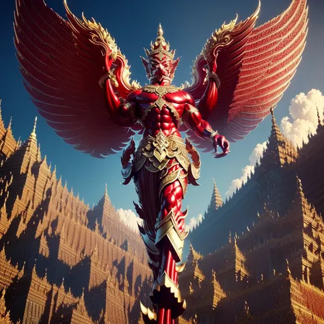 (garuda 1) red eyes, muscular body. best anatomy: red-skinned garuda. red-haired garuda. large, outstretched, red-winged garuda....