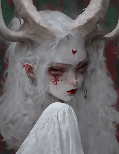 Portrait, close up, Bron above, Skinhead girl, demon girl, very angry, ((total smokey eyes)), (skinhea:1.2 ) , (emerald eyes), (white blouse), (long intricate horns:1.3), red liquid lips,  (best quality), highest quality, extremely detail,  8k, wallpaper, ...