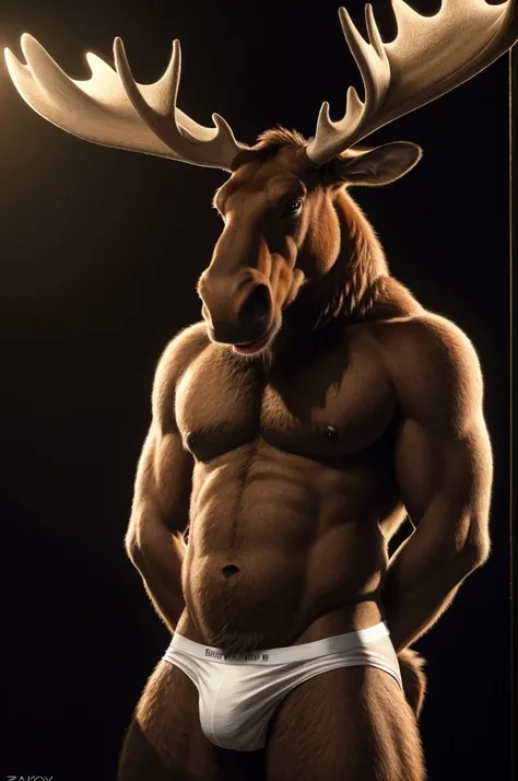 solo,furry,anthro,moose,male,standing,hands behind back,wearing underwear,simple background,front view,by Zackary911,(best quality,4k,8k,highres,masterpiece:1.2),ultra-detailed,(realistic,photorealistic,photo-realistic:1.37),sharp focus,professional,vivid ...