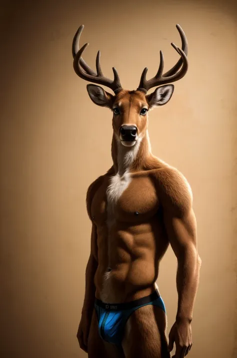 solo,furry,anthro,deer,male,e621,standing,hands behind back,wearing underwear,simple background,front view,(best quality,4k,8k,h...