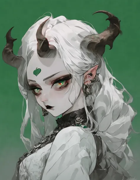 Portrait, close up, Bron above, Skinhead girl, demon girl, very angry, ((total smokey eyes)), (skinhea:1.2 ) , (emerald eyes), (white blouse), (long intricate horns:1.3), red liquid lips,  (best quality), highest quality, extremely detail,  8k, wallpaper, ...