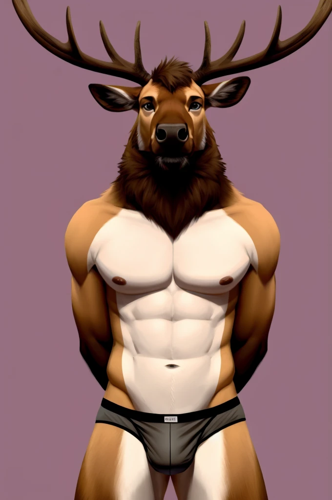 Solo, Furry, Anthro, Elk, Male, E621, Standing, Hands behind back, Wearing underwear, Simple background, Front view, by Zackary911
