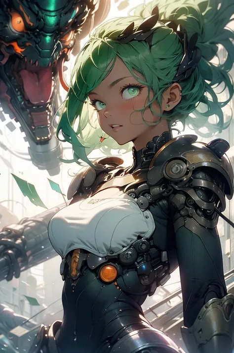 be realistic，（masterpiece，highest quality，highest quality，very detailed，fractal art，most detailed，（abstract background：1.5）（1 girl），Kamimei，（hair length），（green eyes shine、Breasts get bigger，stunned)，crystallization，sexy，（Mechanical Armor:1.2），tanned skin、...