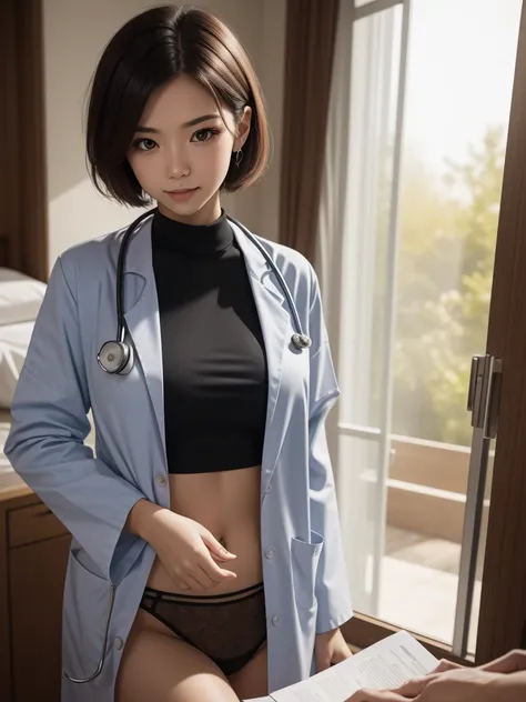 girl，Short hair details，Metal body，she is a doctor，Take care of the elderly