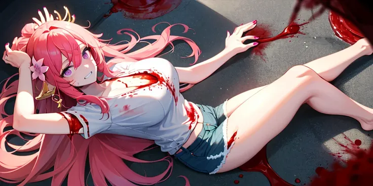 (Lying on the ground:1.2), yae miko, 1 girl, alone, ((white shirt)), barefoot, big breasts, cleavage, uniform, ((Killed)), ((From above)), (cinematic lighting), (Put your arms on the ground),  ((Sea of Blood)), dutch angle, ((Bloody Body)), ((blood on thei...