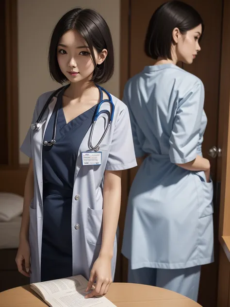 girl，Short hair details，Metal body，she is a doctor，Take care of the elderly