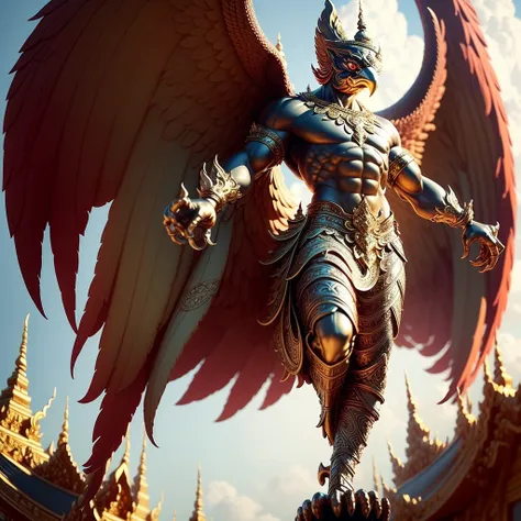 (garuda 1) red eyes, muscular body. best anatomy: red-skinned garuda. red-haired garuda. large, outstretched, red-winged garuda....