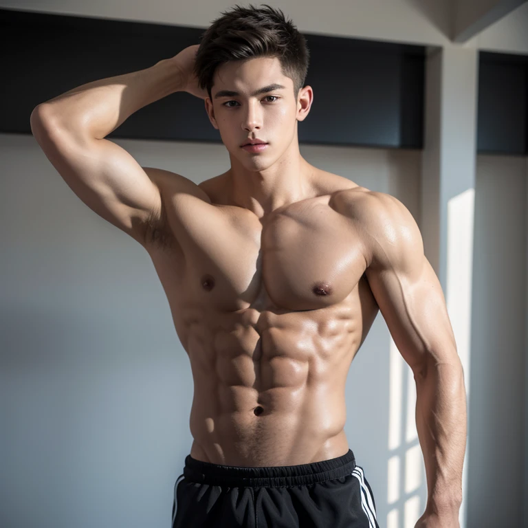 18-year-old boy with athletic abs bares his upper body