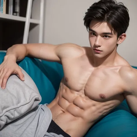 18-year-old boy with athletic abs bares his upper body