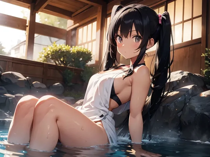 Giantess muscly gentle magical girl with twintail black hair, sitting in an onsen with a towel