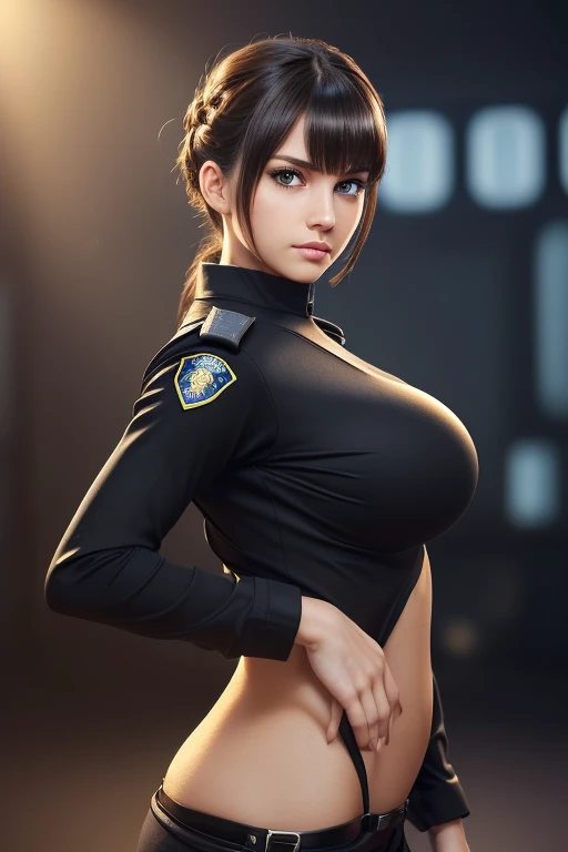 , (((dressed in tight police uniform))), ((police woman), wide angle shot, perfect body, big_boobs, fully_clothed, full_body, tight_clothing, brown_eyes, (full body erotic shot, full entire body), realistic, big_boobs, huge breasts, (22 years old brunette ...