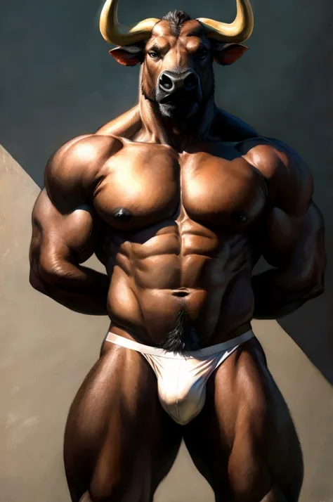 a furry male anthro African Buffalo standing with his hands behind his back. He is wearing underwear and is depicted in a simple background. The artwork should be in a front view perspective. The image should be of the best quality, with ultra-detailed fea...