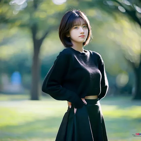 1 girl, short hair, black sweater, long skirt,  medium breast. Park background. Full body. Full body view.