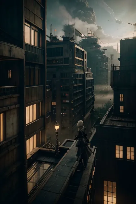 A person standing on a balcony in the mist, screenshot from Nier: Automata, space shuttle style from Nier: Automata, 2b still from Nier: Automata, 2b from Nier: Automata, cutscene clip, Nier, Nier: Automata concept art style, Nier: Automata concept art, si...