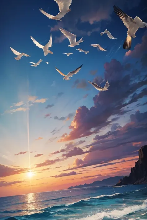 There are many birds flying in the sky above the ocean, Birds fly in the sun, bird on sky, The bird flew away, bird on sky, Birds flying in the distance, birds flying, The bird flew away from the explosion, Flock of Birds, Birds flying in the distance, Bir...