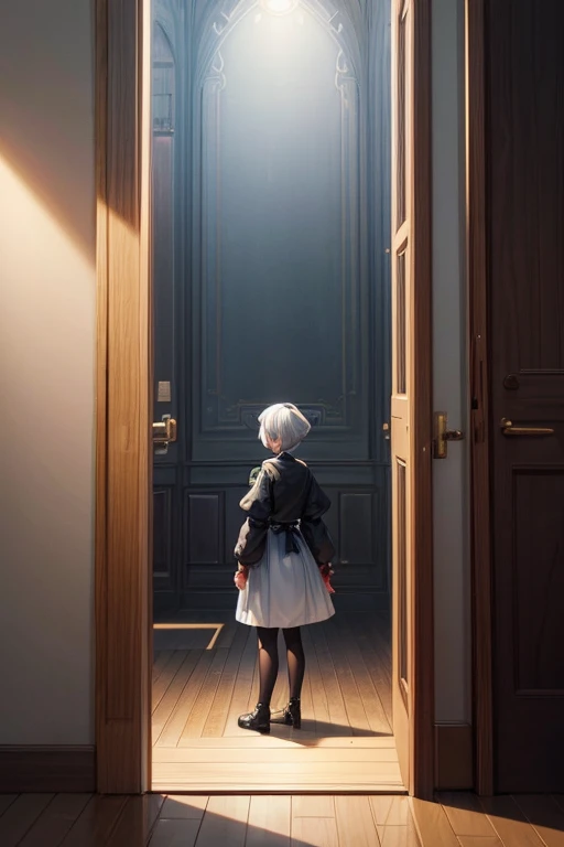 There is a small figure standing in front of the door, Neil：Automata 2b stills, Neil机械纪元太空飞船风格, Neil机械纪元截图, Neil自动机, Neil 2b, Neil, Neil自动机 concept art, Neil机械纪元概念艺术风格, 2b Neil自动机, Animated screenshots, Neil自动机