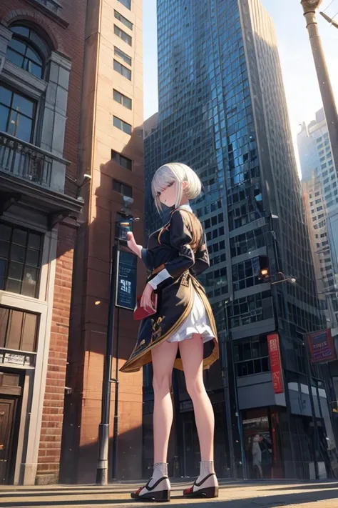 anime scene of a person standing in front of a building, Neil：Automata 2b stills, Neil机械纪元太空飞船风格, Neil机械纪元截图, Neil 2b, Neil机械纪元概念艺术风格, Neil自动机 concept art, Neil自动机, Neil自动机, Neil : inspired by automata, Neil:inspired by automata