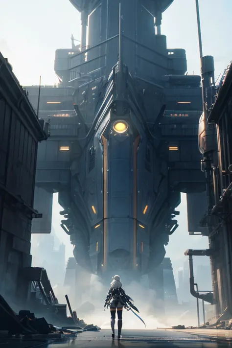 A person standing in front of a building in an anime scene, inspired by NieR: Automata. The scene depicts the character 2B in the futuristic spaceship-styled environment from NieR: Automata. The artwork is created using digital illustration techniques, res...