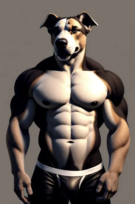 a furry male anthro Pitbull standing with his hands behind his back. He is wearing underwear and is depicted in a simple background. The artwork should be in a front view perspective. The image should be of the best quality, with ultra-detailed features an...