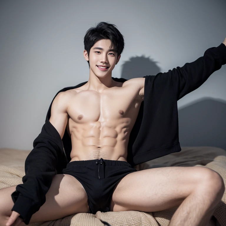 Sin Pantalon, 18 year old male with abdominal muscles, black hair,medium-length，Wear only shorts，Spread your legs apart，Facing the perspective, the huge genitals are revealed, perfect facial symmetry, Perfect nose, Handsome and bright smile, Almond eyes an...