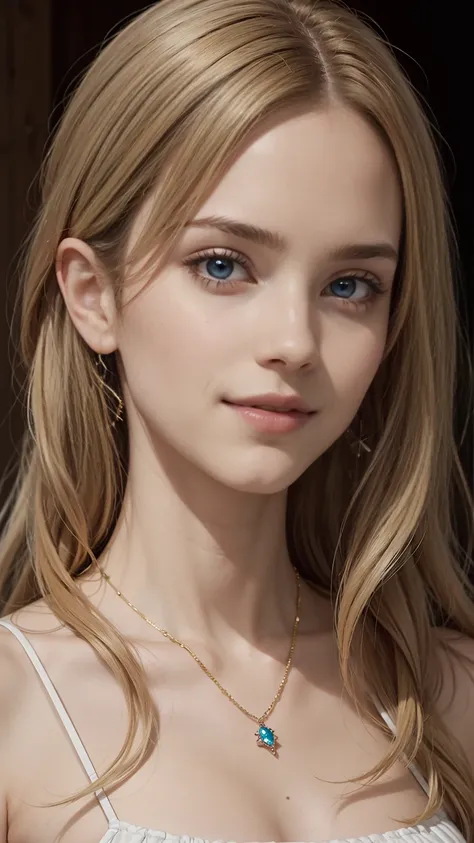 22 year old white female、hair color is blonde、blue eyes、long hair、The ends of the hair are wavy、decorated with ribbons、accessories on wrist、wearing a necklace、has earrings、skin is smooth、Slender but muscular body、smile、Marie Antoinette