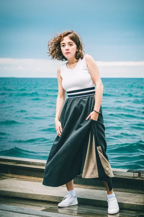 hip hop, hip hop, hip hop, baggy skirt, On the background of the sea, crazy details, intricate details, hyper details , low contrast, soft light like a movie, exposure blend, HDR, front、woman、big eyes、pretina face