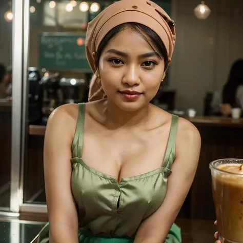 Half body portrait of a 33 years old malay woman sit in front of giant mirror,  pixie haircut, wearing peach blouse with satin green slack, narrow waist, indoor shot, looking up at coffee shop sign, soft lighting, smirk face, circle bokeh , small breast, c...