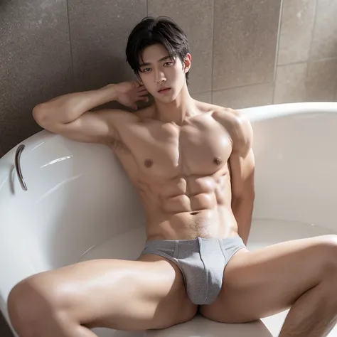 Sin Pantalon, 18 year old male with abdominal muscles, black hair,medium-length，Wear only a bath towel，Spread your legs apart，Facing the perspective, the huge genitals are revealed, perfect facial symmetry, Perfect nose,, Almond eyes and Korea. One male, a...