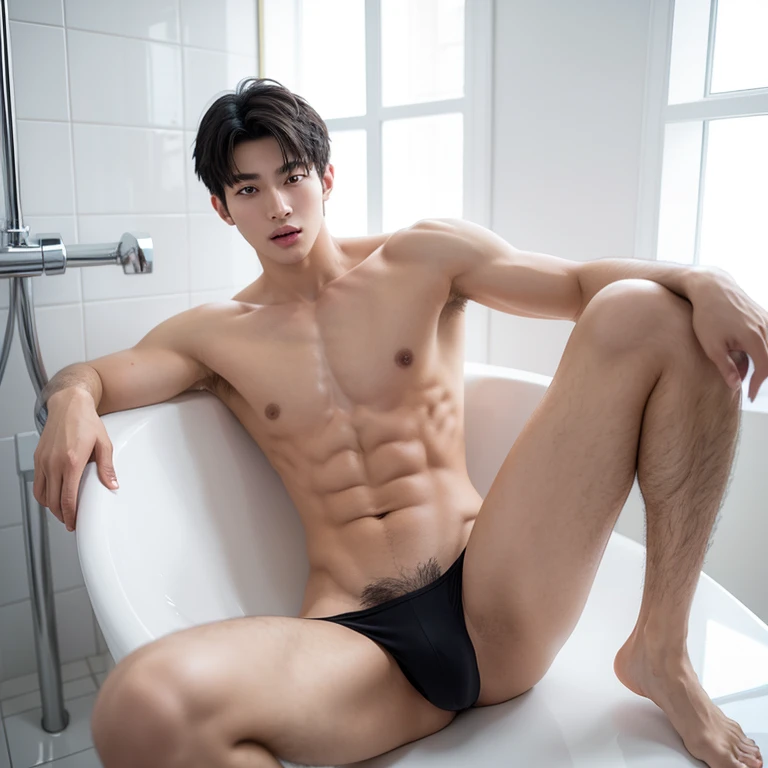 Sin Pantalon, 18 year old male with abdominal muscles, black hair,medium-length，Wear only a bath towel，Spread your legs apart，Facing the perspective, the huge genitals are revealed, perfect facial symmetry, Perfect nose,, Almond eyes and Korea. One male, a...