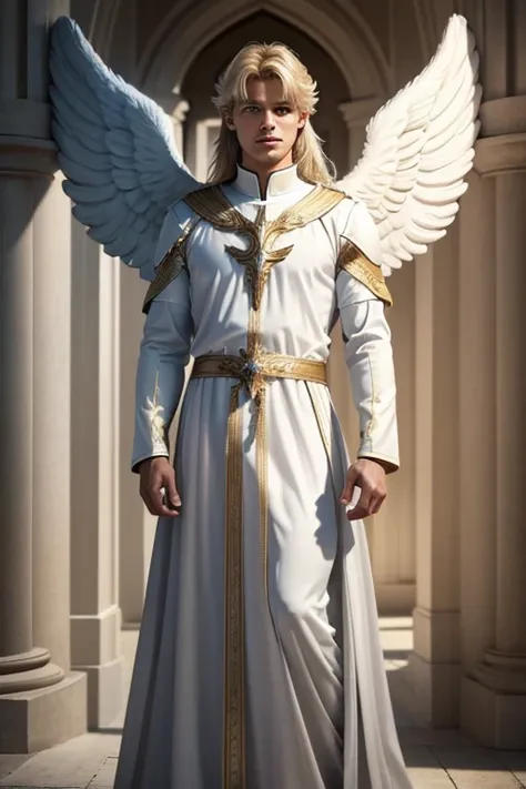 A photograph of ((Archangel)) Michael in a white tunic, blonde, 25 yo man, angel, detailed face, looking at camera, full body shot, 8k uhd, high quality, ((angelic))