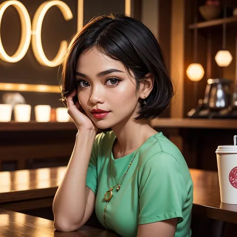 Half body portrait of a 33 years old malay woman sit in front of giant mirror,  pixie haircut, wearing peach blouse with satin green slack, narrow waist, indoor shot, looking up at coffee shop sign, soft lighting, smirk face, circle bokeh , small breast, c...