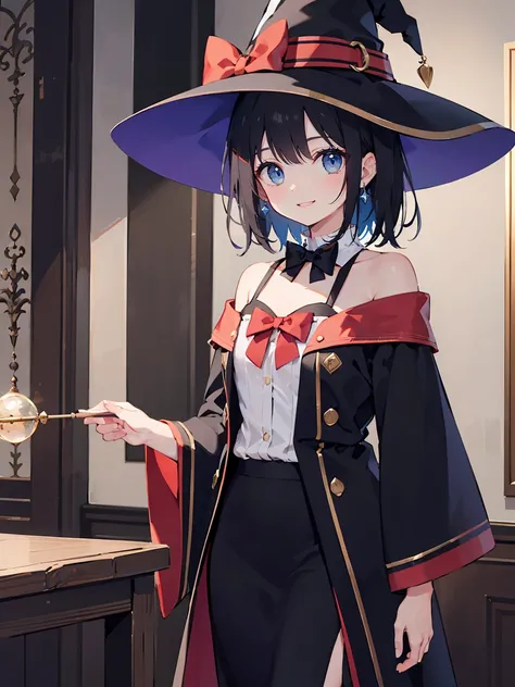 1girl, solo, looking at viewer, blush, medium hair, light black hair color, background of fantasy, wizard, magic, witch hat, standing, collarbone, cowboy shot, indoors, bowtie,