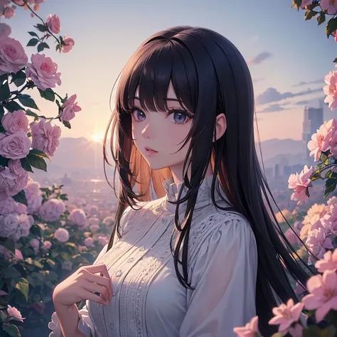 ((top quality)),(Super high resolution),(super detailed),((best anime)),sharp,clear,Art with astounding depictions,silence, (1 woman,daughter),beautiful flower々look up