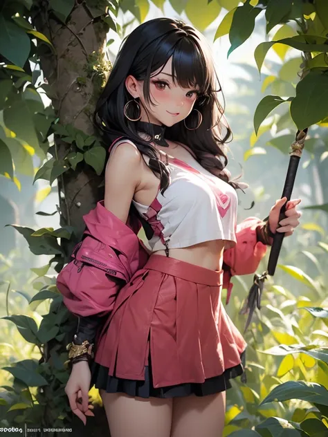 Tall Giantess, athleic, muscly, cute gentle magical girl with twintail black hair, pink clothes, (skirt:1.5)