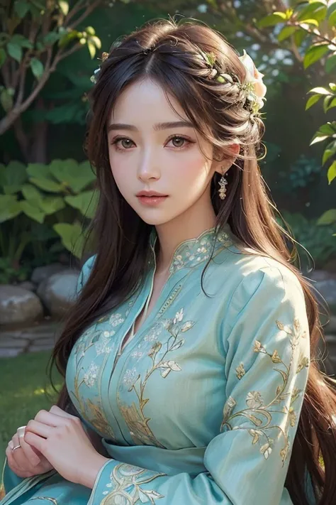 (best quality, ultra-detailed, realistic:1.37), vibrant colors, portrait, traditional lighting, elegant pose, peaceful garden background, traditional art medium, soft brush strokes, delicate details, fine texture, intricate patterns, nature-inspired motifs...