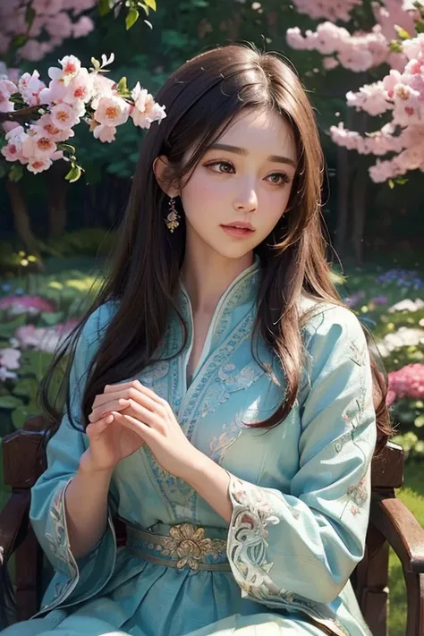 (best quality, ultra-detailed, realistic:1.37), vibrant colors, portrait, traditional lighting, elegant pose, peaceful garden background, traditional art medium, soft brush strokes, delicate details, fine texture, intricate patterns, nature-inspired motifs...