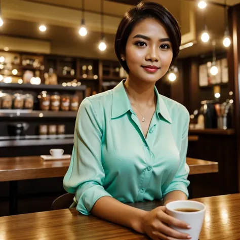 Half body portrait of a 33 years old malay woman sit in front of giant mirror,  pixie haircut, wearing peach blouse with satin green slack, narrow waist, indoor shot, looking up at coffee shop sign, soft lighting, smirk face, circle bokeh , small breast, c...